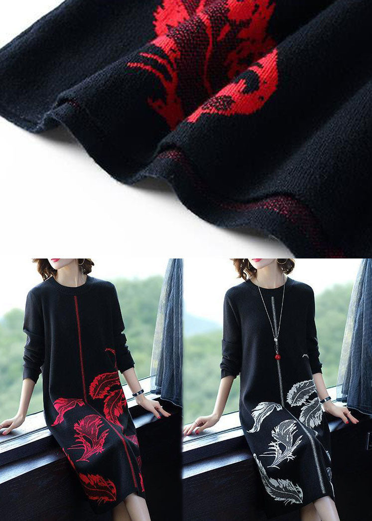 Red Print Knit Sweater Dress O-Neck Thick Winter