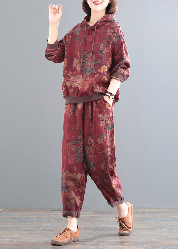 Red Print Linen Hooded Top And Pants Two Pieces Set Fall
