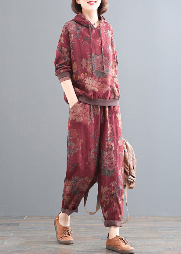 Red Print Linen Hooded Top And Pants Two Pieces Set Fall