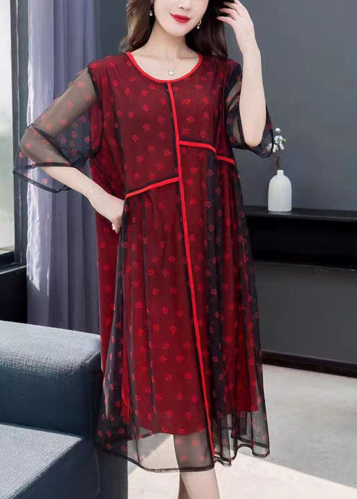 Red Print Patchwork Chiffon Dress O Neck Wrinkled Summer