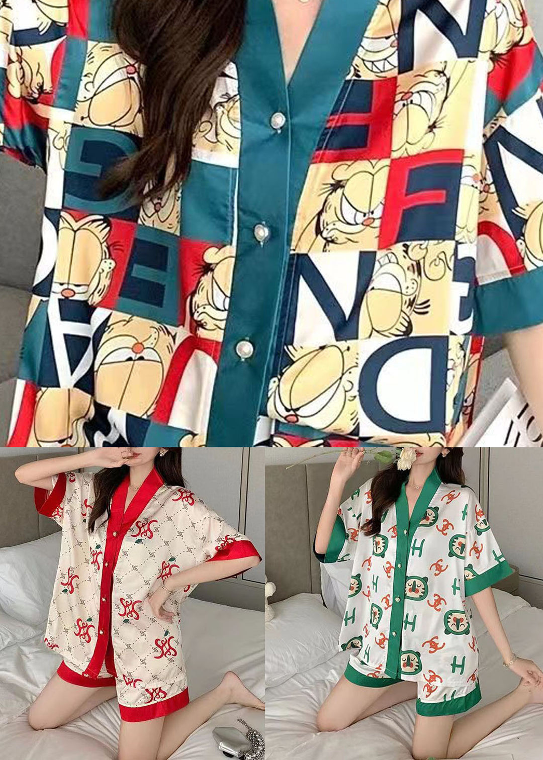 Red Print Patchwork Ice Silk Pajamas Two-Piece Set V Neck Summer