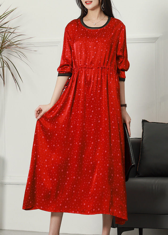 Red Print Patchwork Silk Dress O Neck Drawstring Spring