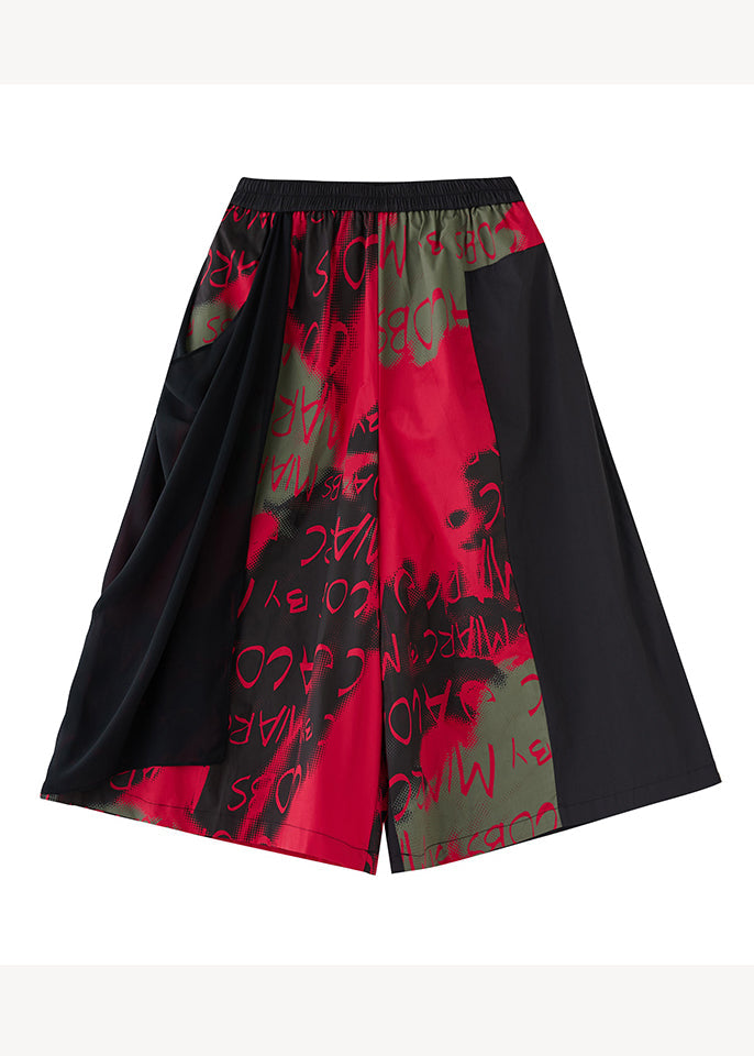 Red Print Pockets Patchwork Cotton Crop Wide Leg Pants Tulle Summer