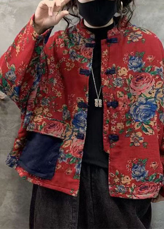 Red Print Thick Fine Cotton Filled Coats Stand Collar Oriental Button Winter