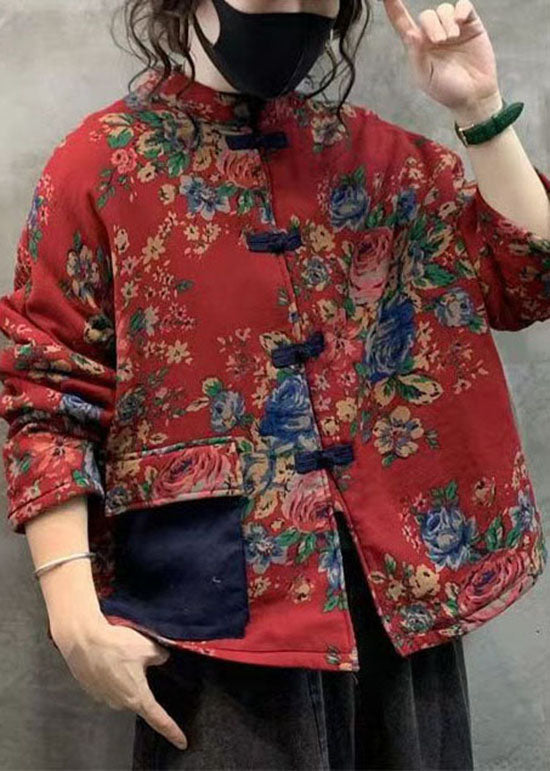 Red Print Thick Fine Cotton Filled Coats Stand Collar Oriental Button Winter