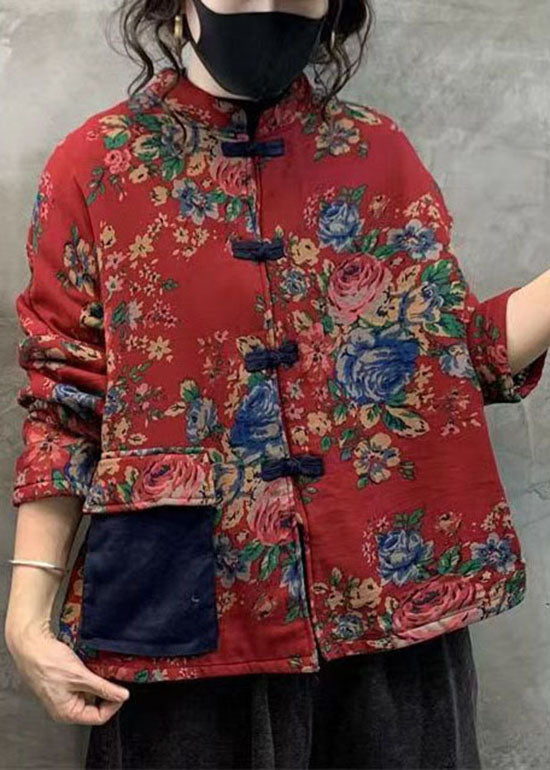 Red Print Thick Fine Cotton Filled Coats Stand Collar Oriental Button Winter