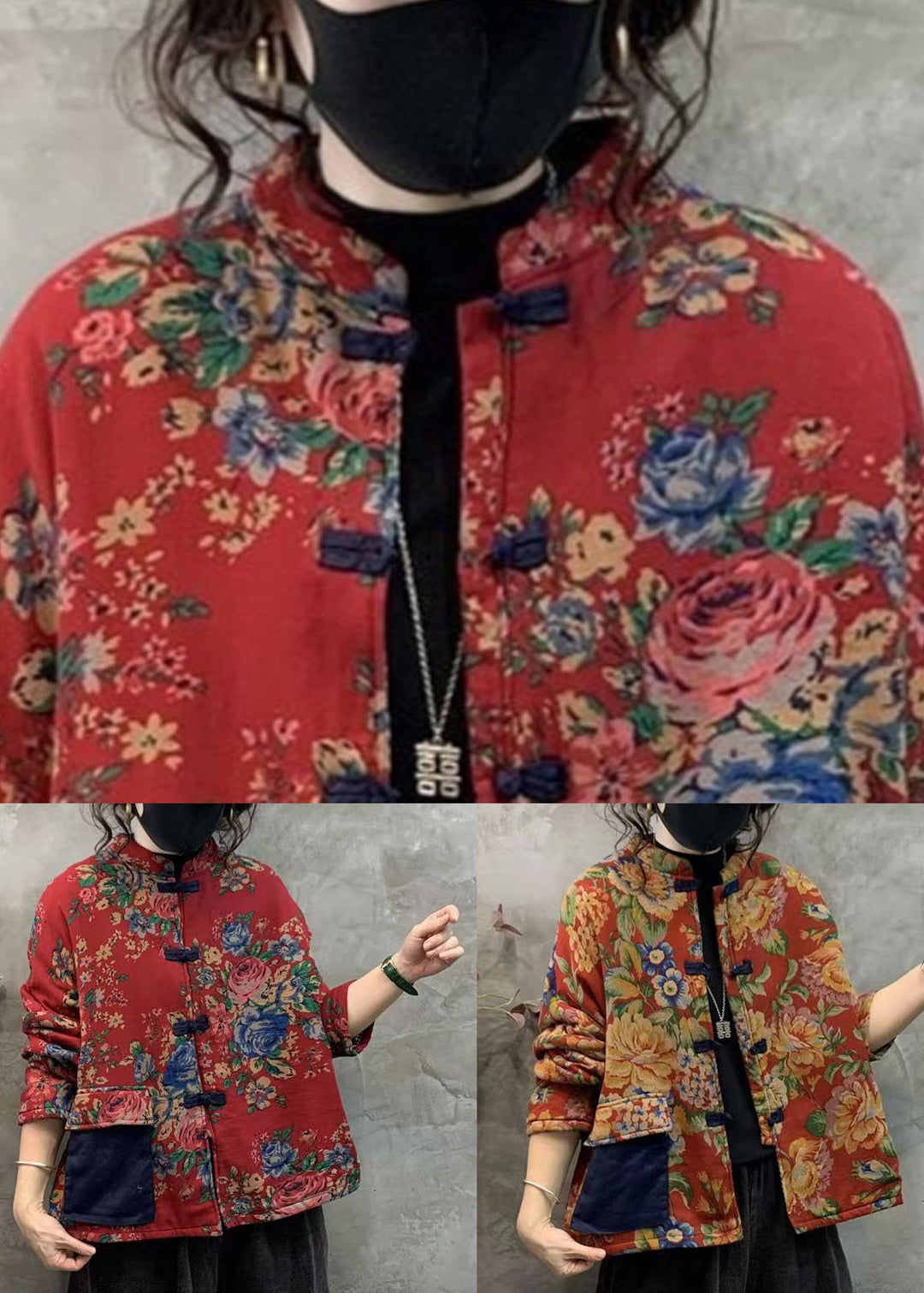 Red Print Thick Fine Cotton Filled Coats Stand Collar Oriental Button Winter