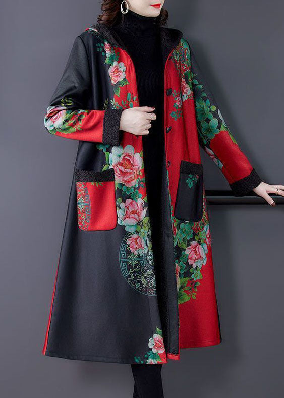 Red Print Thick Warm Fleece Loose Trench Coats Winter