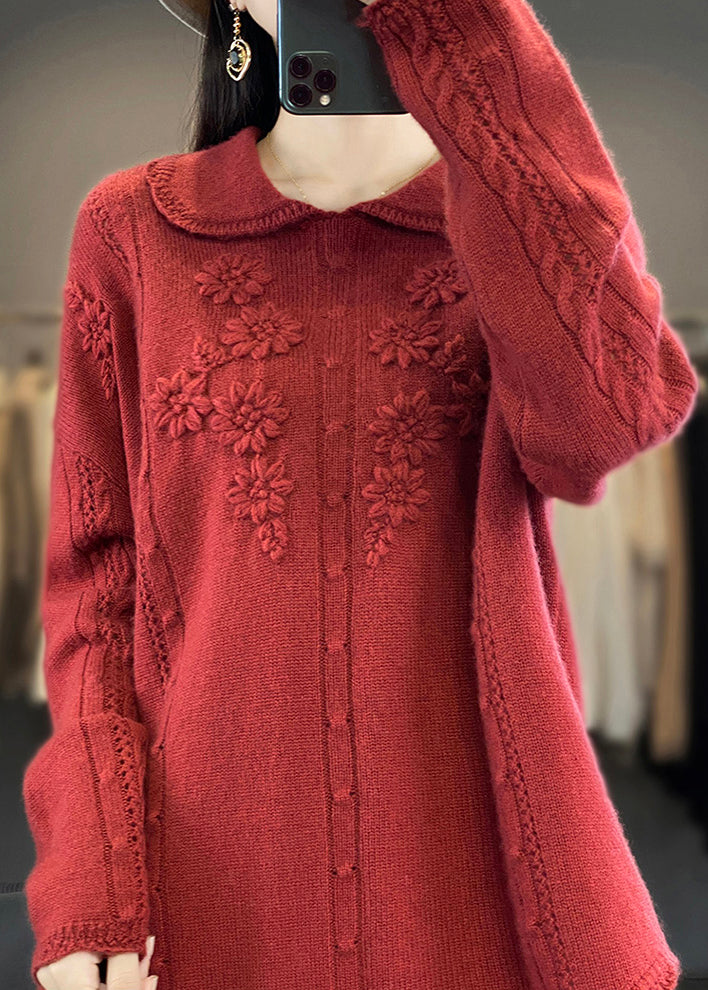 Red Ruffled Patchwork Wool Sweaters Peter Pan Collar Long Sleeve