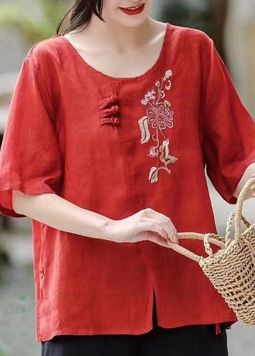 Red Side Open Patchwork Cotton T Shirt Embroideried Short Sleeve