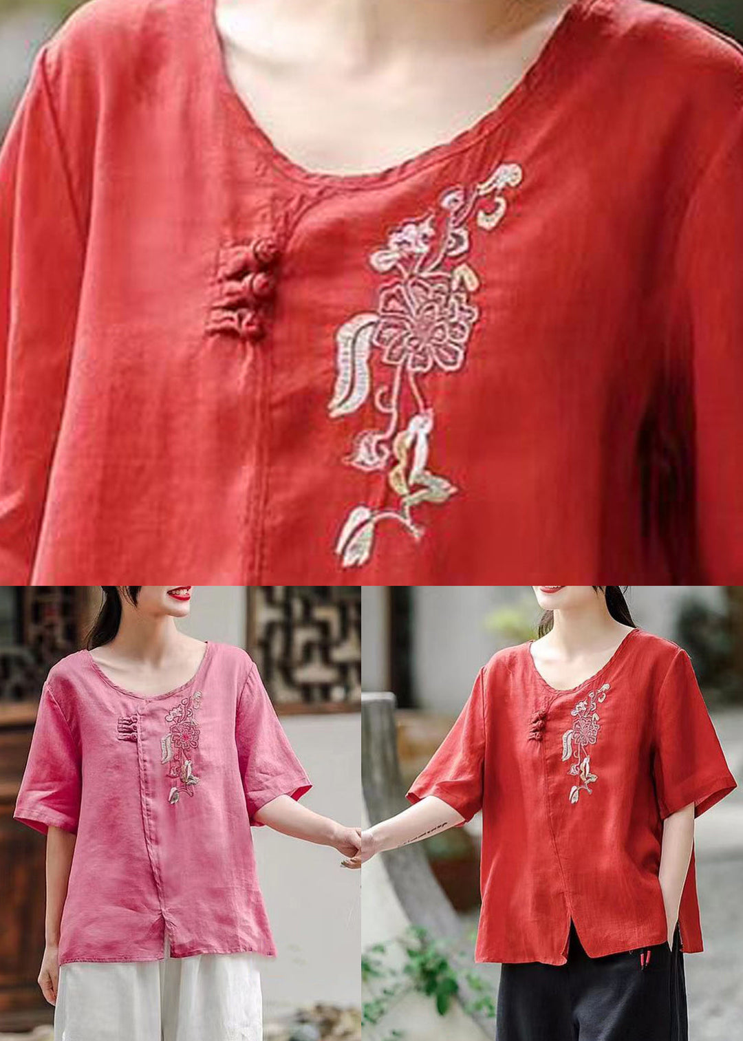 Red Side Open Patchwork Cotton T Shirt Embroideried Short Sleeve