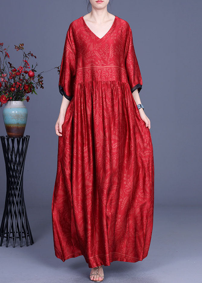 Red Silk Maxi Dress Cinched Half Sleeve