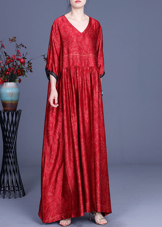 Red Silk Maxi Dress Cinched Half Sleeve