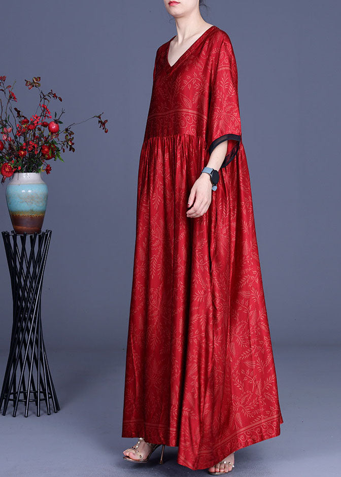 Red Silk Maxi Dress Cinched Half Sleeve