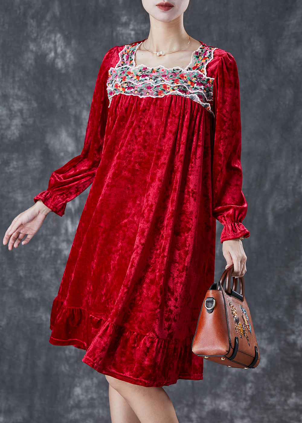 Red Silk Velour Holiday Dress Square Collar Embroideried Fall