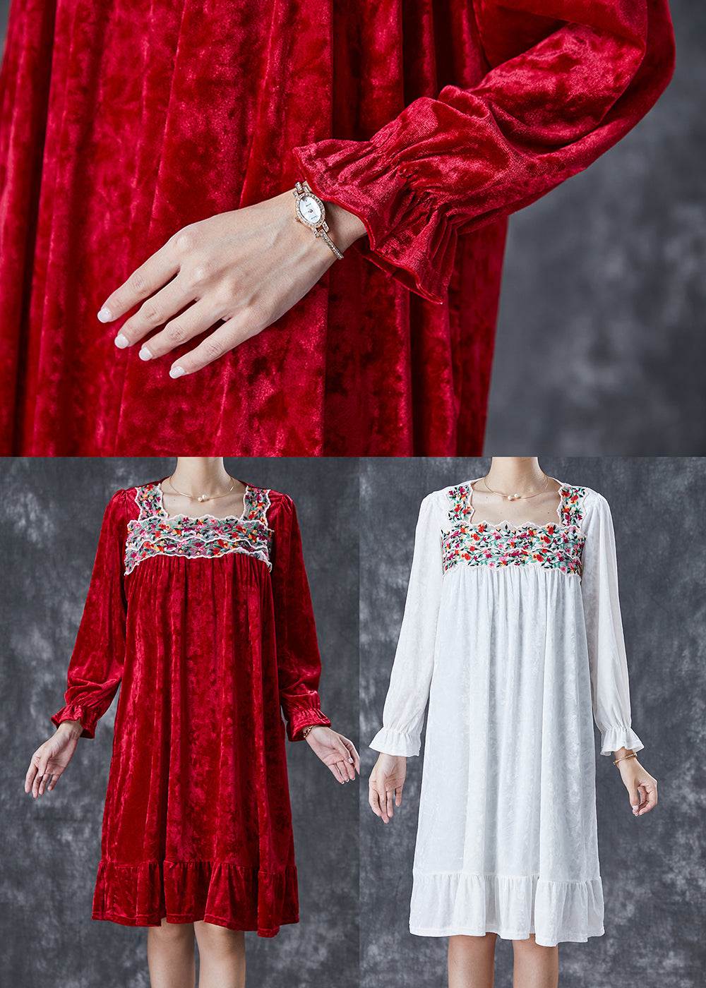 Red Silk Velour Holiday Dress Square Collar Embroideried Fall