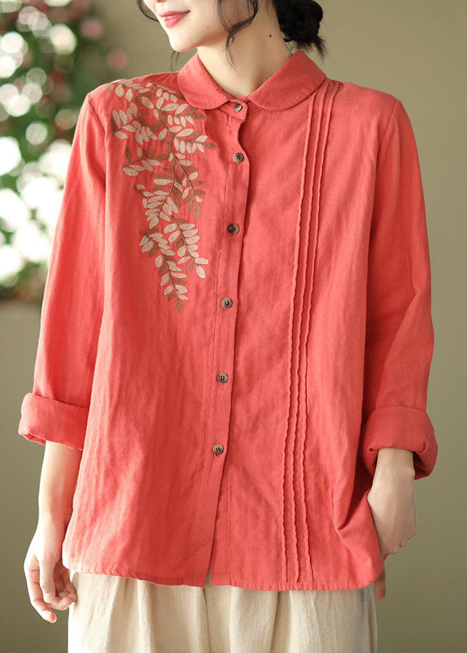 Red Slim Fit Cotton Shirt Top Embroideried Wrinkled Spring