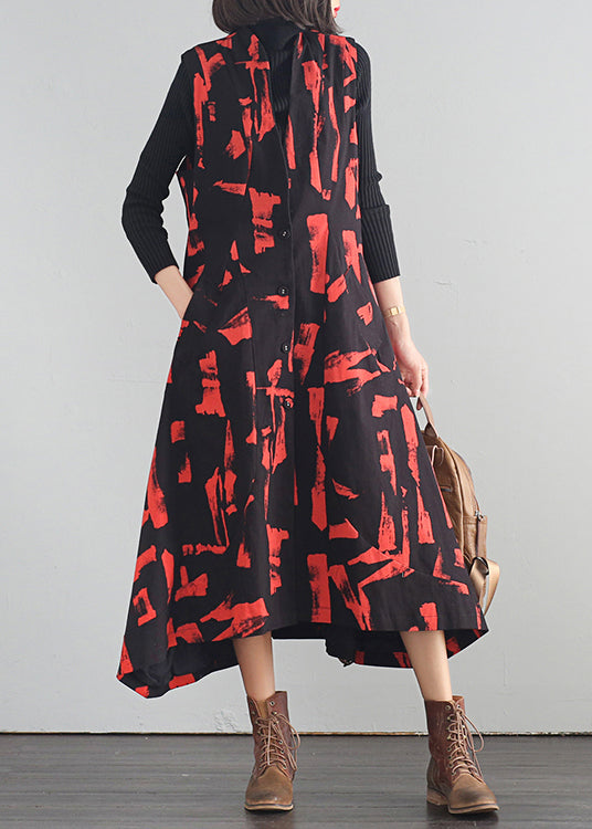 Red Stand Collar Button Cotton Long Dresses Fall