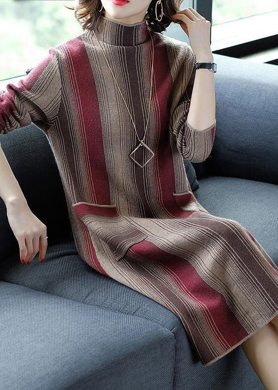 Red Striped Knit Sweater Dress High Neck Pockets Winter