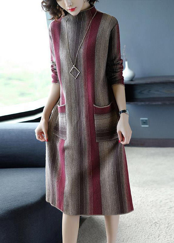 Red Striped Knit Sweater Dress High Neck Pockets Winter