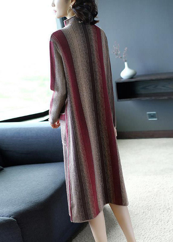 Red Striped Knit Sweater Dress High Neck Pockets Winter