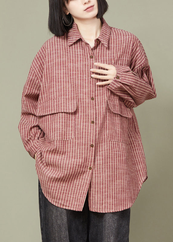 Red Striped Pockets Cotton Shirt Peter Pan Collar Long Sleeve