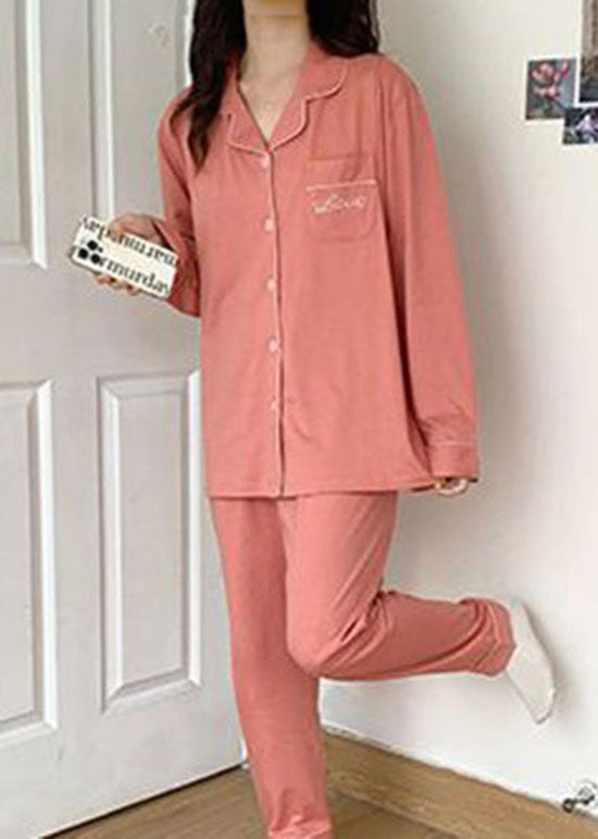 Red Thin Cotton Pajamas Two Pieces Set Peter Pan Collar Summer