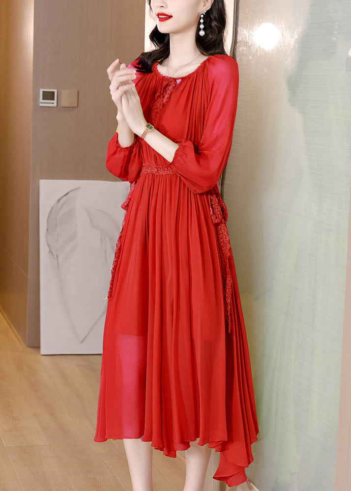 Red Tie Waist Solid Chiffon Maxi Dresses Long Sleeve