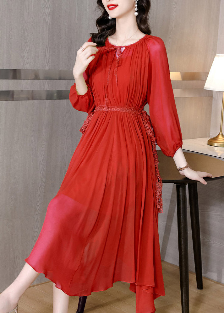 Red Tie Waist Solid Chiffon Maxi Dresses Long Sleeve