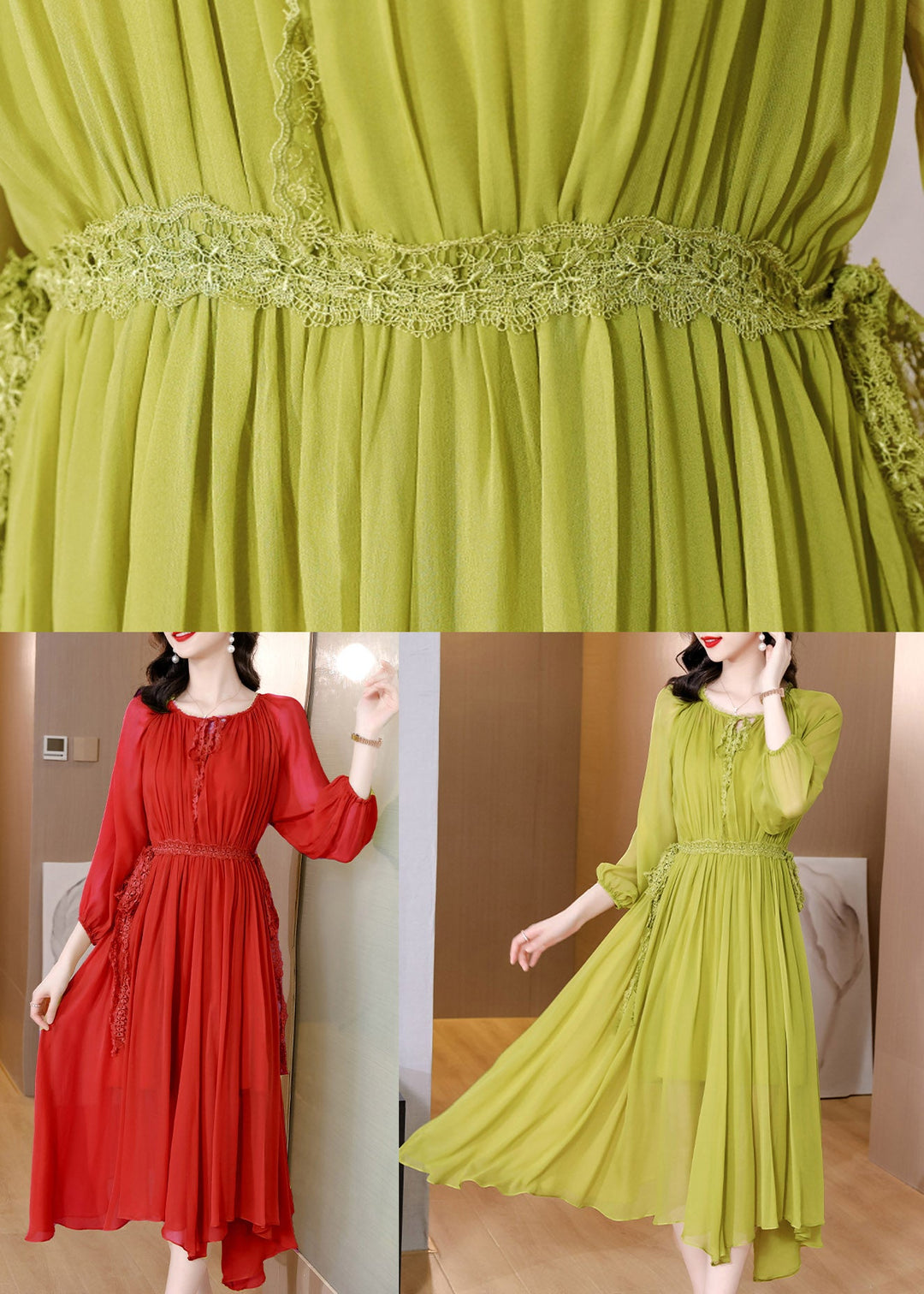 Red Tie Waist Solid Chiffon Maxi Dresses Long Sleeve