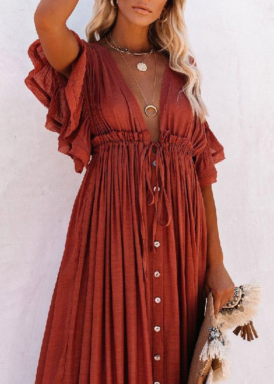 Red-flower V Neck Button Maxi Dresses Short Sleeve