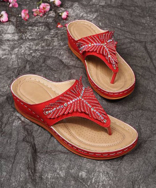 Red Wedge Faux Leather Soft Splicing Zircon Flip Flops Sandals