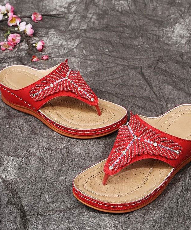 Red Wedge Faux Leather Soft Splicing Zircon Flip Flops Sandals