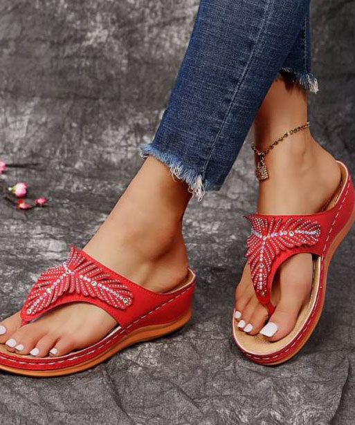 Red Wedge Faux Leather Soft Splicing Zircon Flip Flops Sandals