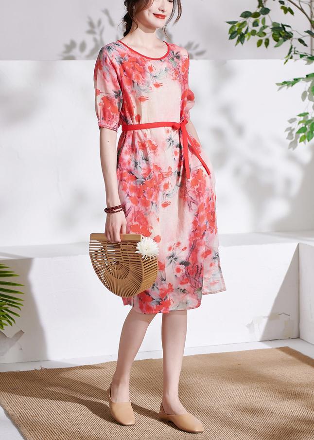 Red tie waist Patchwork Print Summer Ramie Dresses Short Sleeve - Omychic