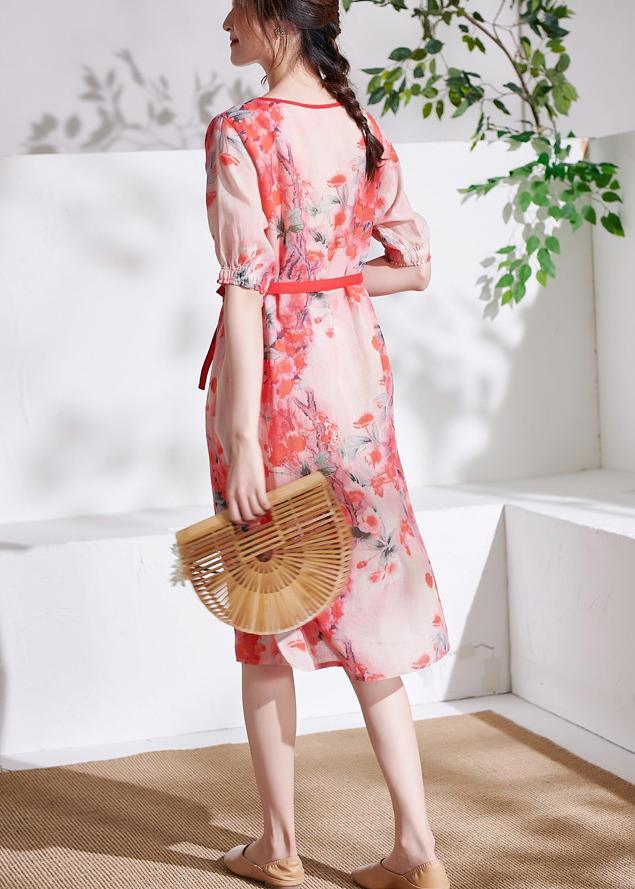 Red tie waist Patchwork Print Summer Ramie Dresses Short Sleeve - Omychic