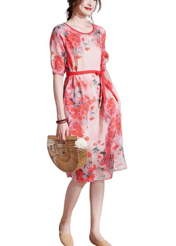 Red tie waist Patchwork Print Summer Ramie Dresses Short Sleeve - Omychic