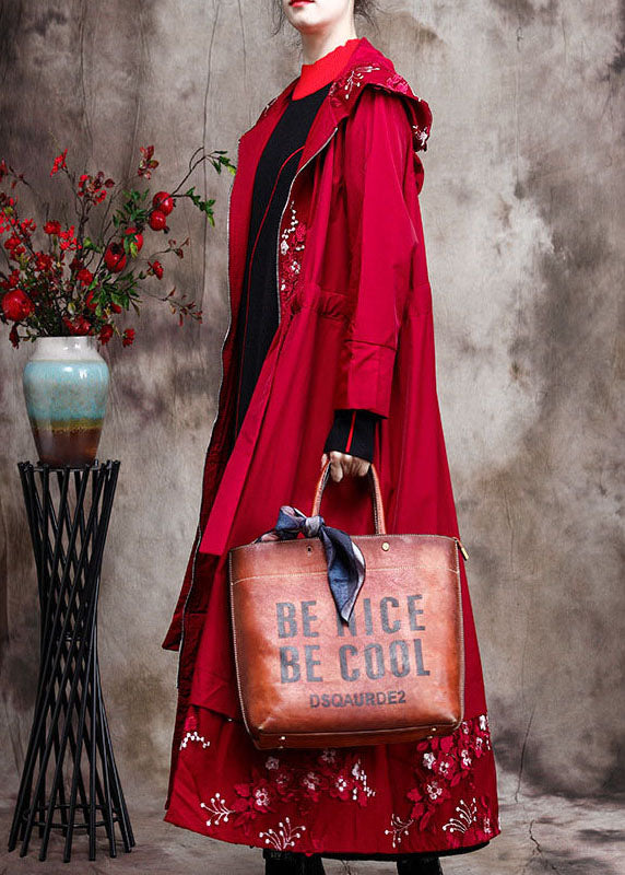 Red zippered Patchwork Embroideried Spring Coats