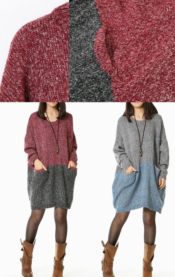 Red Gray sweater dresses knit tops oversize - Omychic