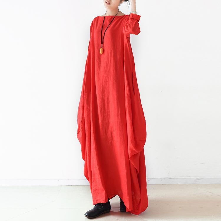 Red Baggy Fall Dresses Long Sleeve Linen Dresses Plus Size Casual Cotton Caftans Gown - Omychic