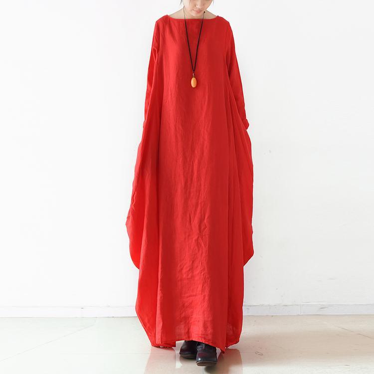 Red Baggy Fall Dresses Long Sleeve Linen Dresses Plus Size Casual Cotton Caftans Gown - Omychic
