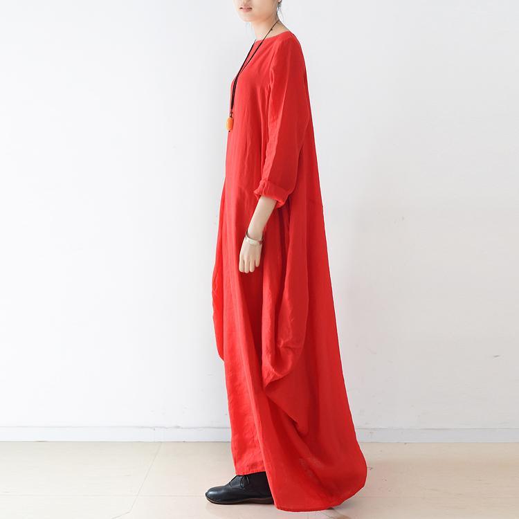 Red Baggy Fall Dresses Long Sleeve Linen Dresses Plus Size Casual Cotton Caftans Gown - Omychic