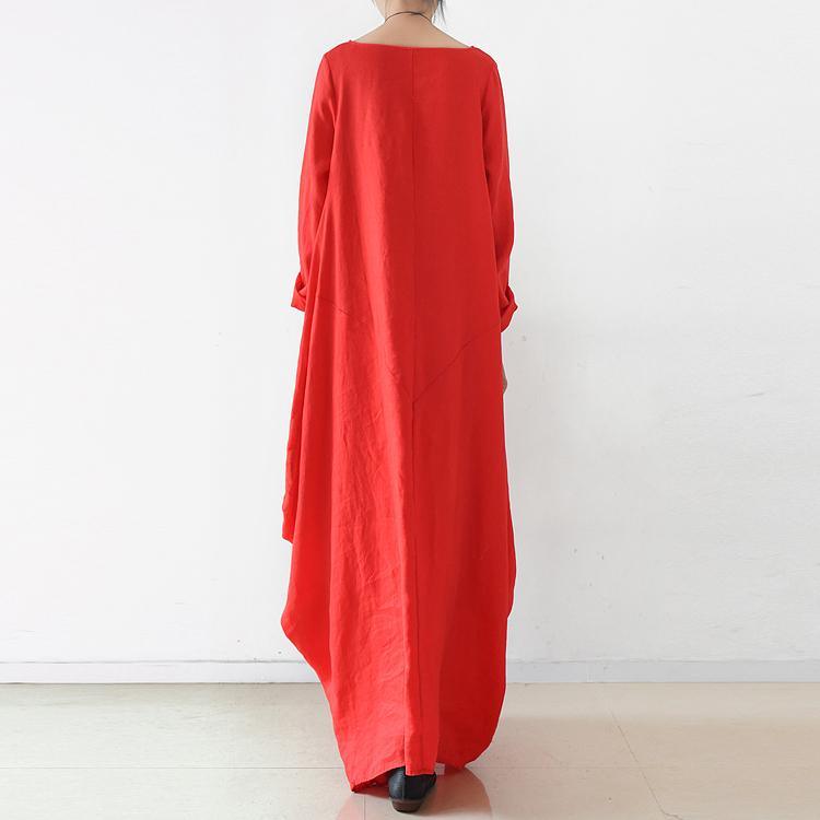 Red Baggy Fall Dresses Long Sleeve Linen Dresses Plus Size Casual Cotton Caftans Gown - Omychic