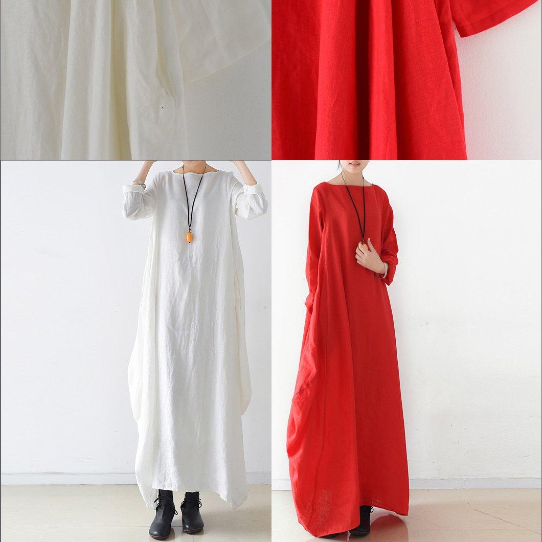 Red Baggy Fall Dresses Long Sleeve Linen Dresses Plus Size Casual Cotton Caftans Gown - Omychic