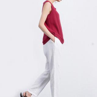 Red breathy linen tank top women summer blouse t shirt - Omychic