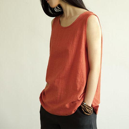 Red casual natural linen women shirt tank top sleeveless blouse breathy fabric - Omychic