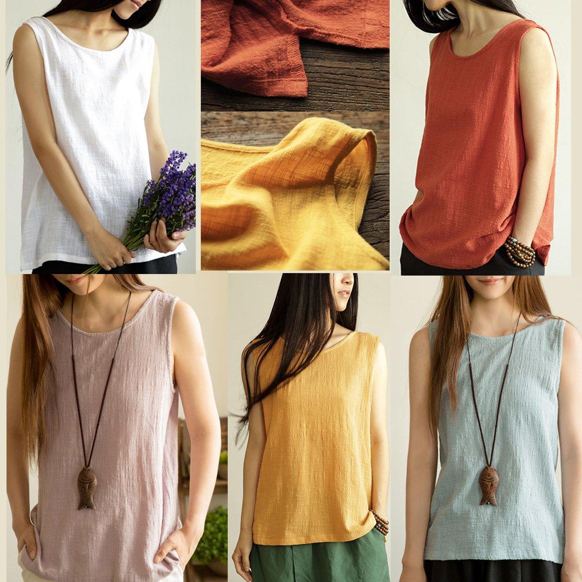 Red casual natural linen women shirt tank top sleeveless blouse breathy fabric - Omychic