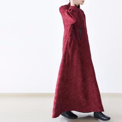 Red floral linen dresses vintage long sleeve cotton dress plus size gown caftans - Omychic