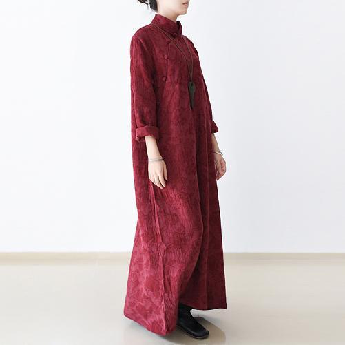 Red floral linen dresses vintage long sleeve cotton dress plus size gown caftans - Omychic