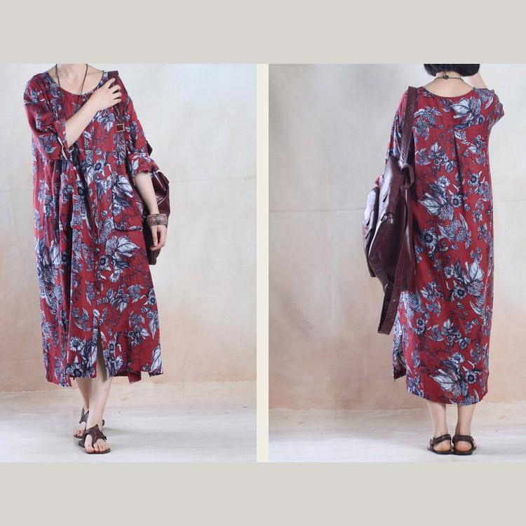 Red floral plus size maxi sundress loose fit long summer dresses long sleeve - Omychic